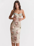 Floral Print Lace-Trim Sweetheart Spaghetti Strap Bodycon Midi Dress