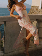 Floral Print Lace Bodice Lace Trim High Split Maxi Dress