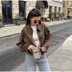 Vintage Solid Lapel Short Jacket Women Loose Long Sleeve Zipper Crop Coats Autumn New Lady Casual High Street Outwears