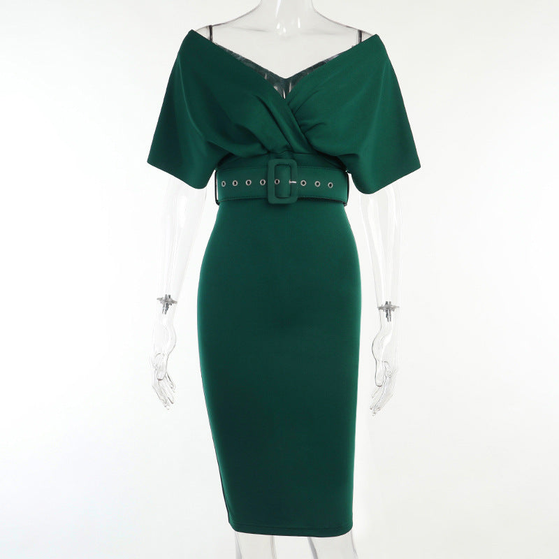 Off Shoulder Draped Cap Sleeve Wrap Belt Grommet Bodycon Midi Dress