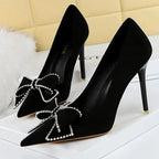 Rhinestone Bowknot Suede High Heels for Women - Sexy Party Shoes