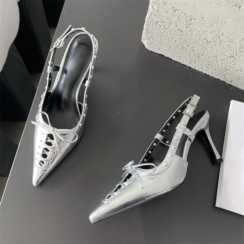 Rivets Buckle Strap Women Pumps with Thin Heels for Party or Stripping