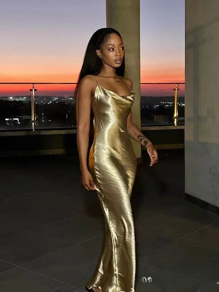 Satin Cowl Neck Spaghetti Strap Slip Maxi Gown