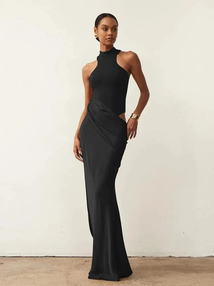 Satin Mock Neck Halter Bodycon Mini Dress Wrap Drape Cutout Maxi Dress