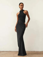 Satin Mock Neck Halter Bodycon Mini Dress Wrap Drape Cutout Maxi Dress