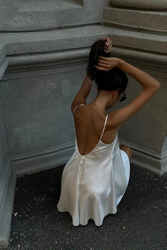V-Neck Spaghetti Strap Backless Mini Dress with Lace Detail