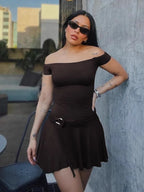 European And American Style Sexy Off The Shoulder Dress, Women'S Summer Elastic One Line Neck Slim Fitting Lace Up Pleated Skirt