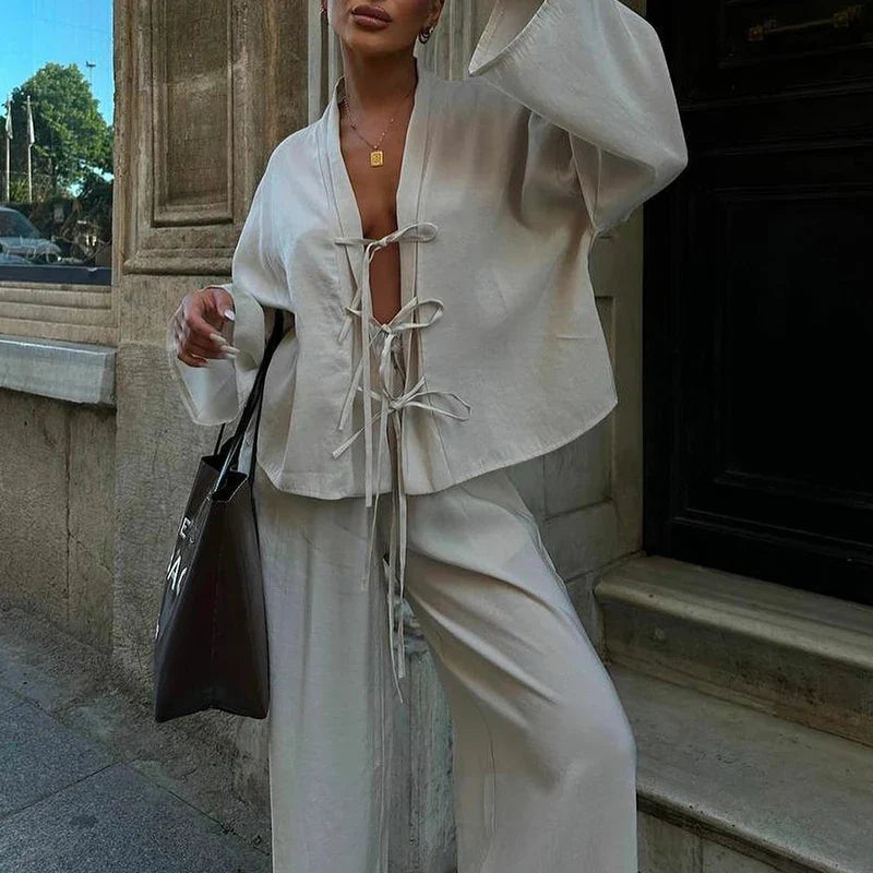 Casual V Neck Lace Up Top and Pants 2 Piece Set New Spring Long Sleeved Loose Suit Simple Solid Color High Street Women Outfits