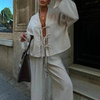 Casual V Neck Lace Up Top and Pants 2 Piece Set New Spring Long Sleeved Loose Suit Simple Solid Color High Street Women Outfits
