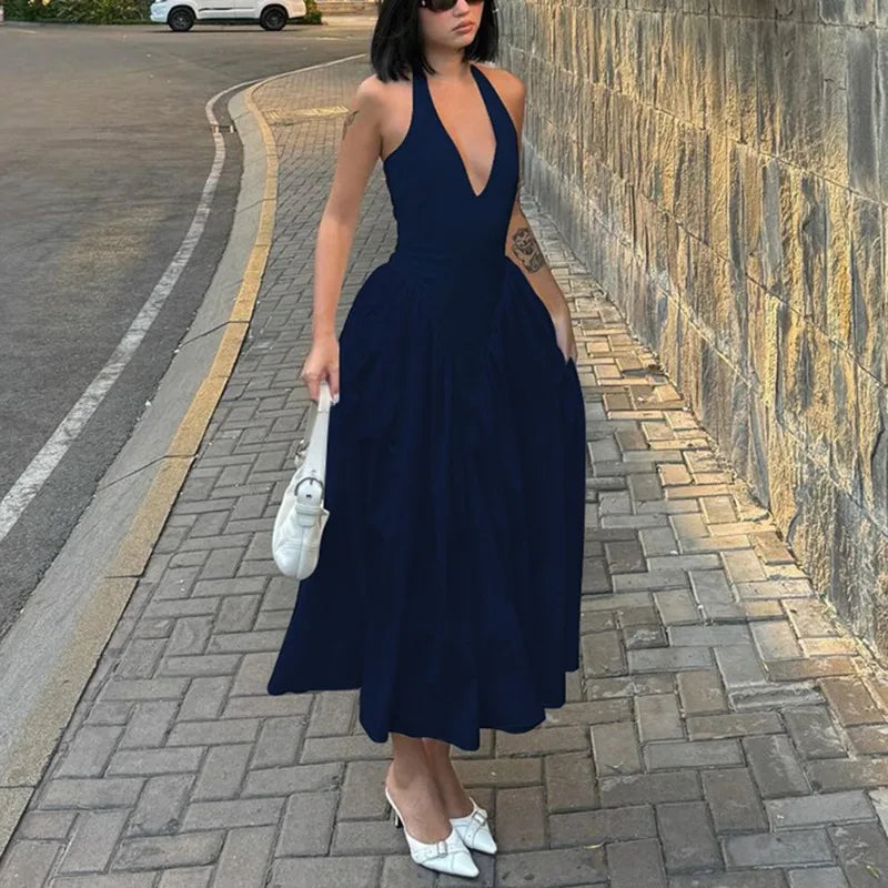 Halter Plunging V-Neck Drop Waist Pleated Fit and Flare Midi Dress