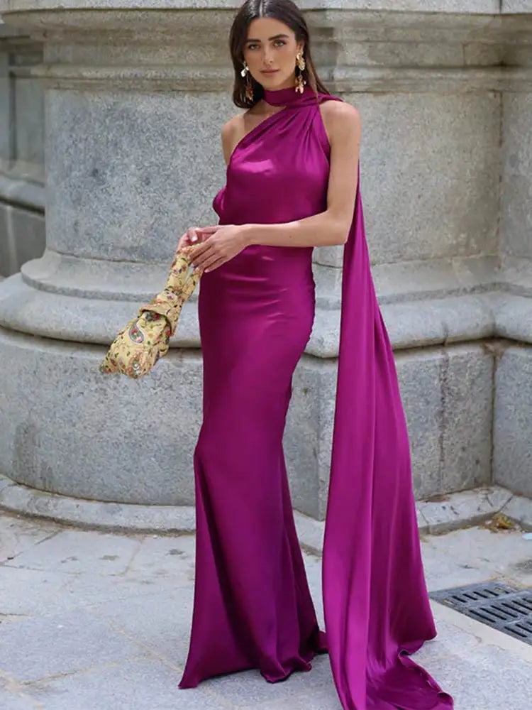 Satin Halter Neck Draped Sash Panel Column Maxi Dress