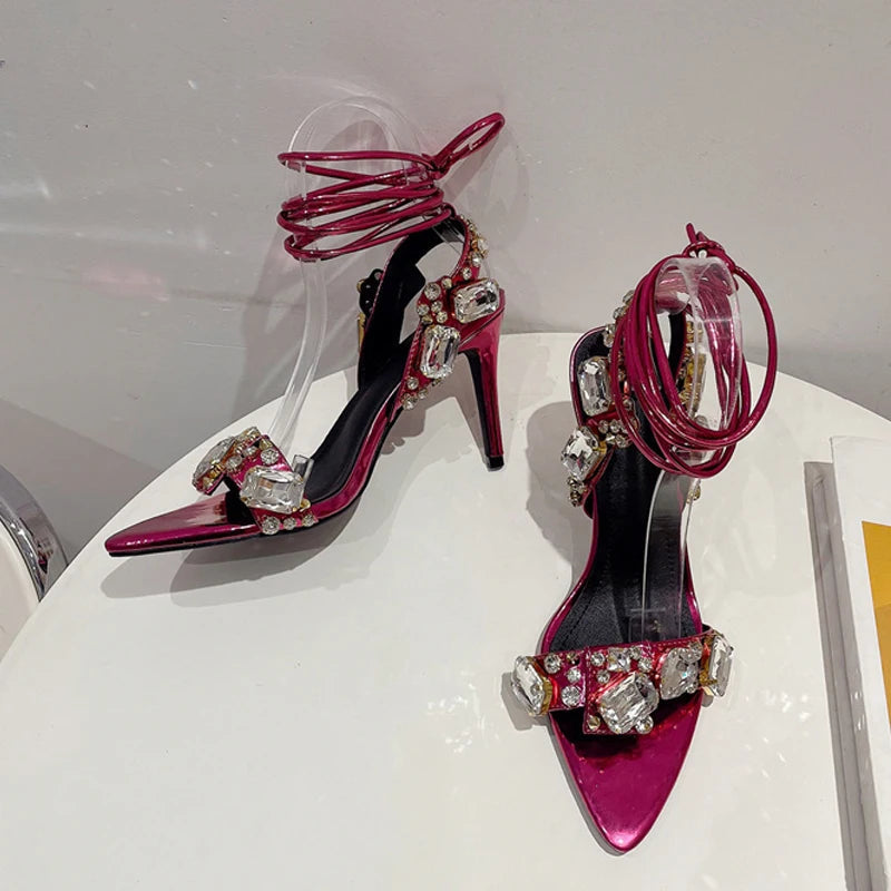 Crystal Diamond Pointed Toe Strappy Heels Women 8.5CM Sandals