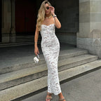 Floral Lace Spaghetti Strap Bustier Sweetheart Bodycon Maxi Dress