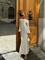 Off Shoulder Floral Lace Bell Sleeve Tie Front Maxi Dress