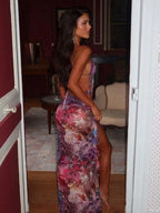 Halter Plunging Neck Cut Out Waist High Slit Ruffle Hem Maxi Dress
