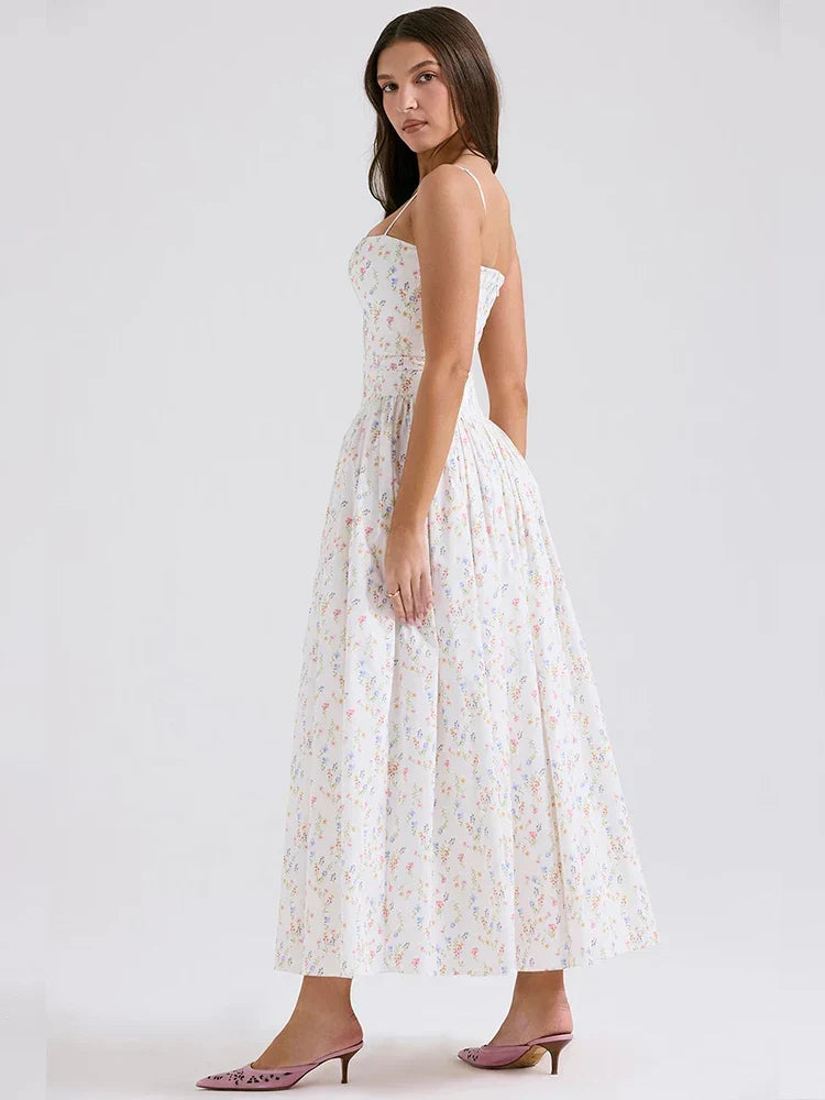 Ditsy Floral Print Square Neck Corset Seam Spaghetti Strap A-Line Maxi Dress