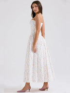 Ditsy Floral Print Square Neck Corset Seam Spaghetti Strap A-Line Maxi Dress
