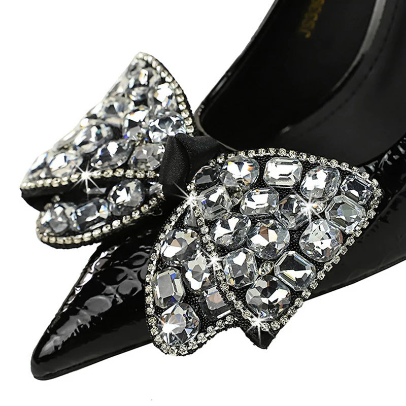 Women's Stiletto Pumps with Bowknot Design and Rhinestone Detail