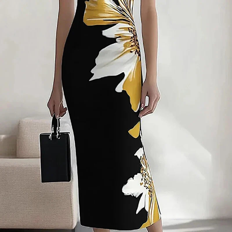 Floral Print Sleeveless Deep V Neck Bodycon Midi Dress