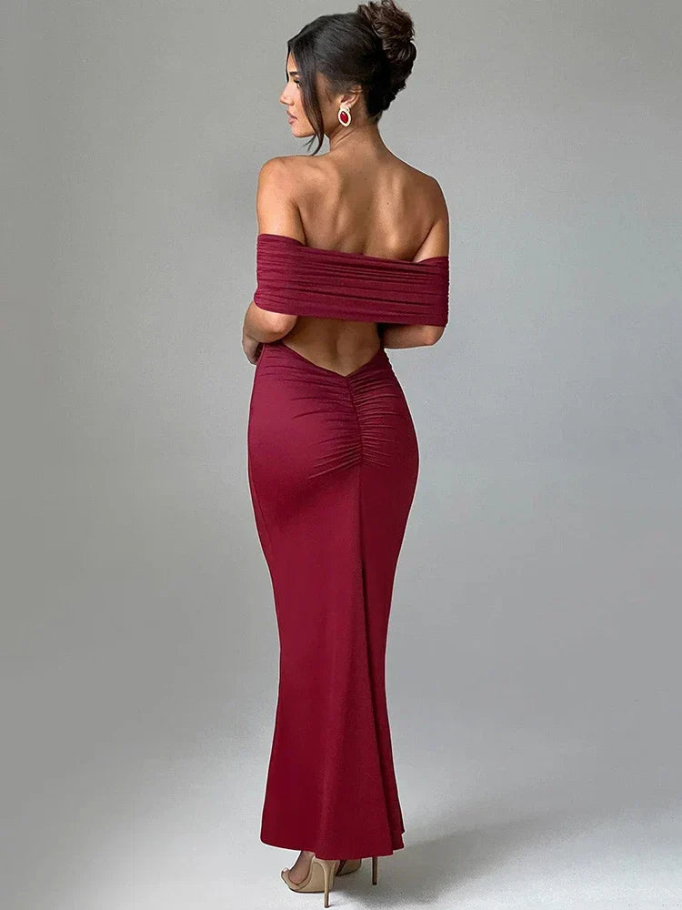 Off Shoulder Horizontal Ruched Band Column Maxi Mini Dress