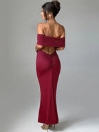 Off Shoulder Horizontal Ruched Band Column Maxi Mini Dress