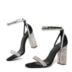 Glitter Rhinestones Square High Heels Sandals with Crystal Ankle Strap for Women