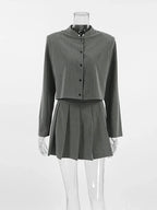 Women Striped Skirt Set Stand Collar Single Breasted Top High Waist Pleated Skirts 2024 Summer Fall New Fashion Lady Office Suit