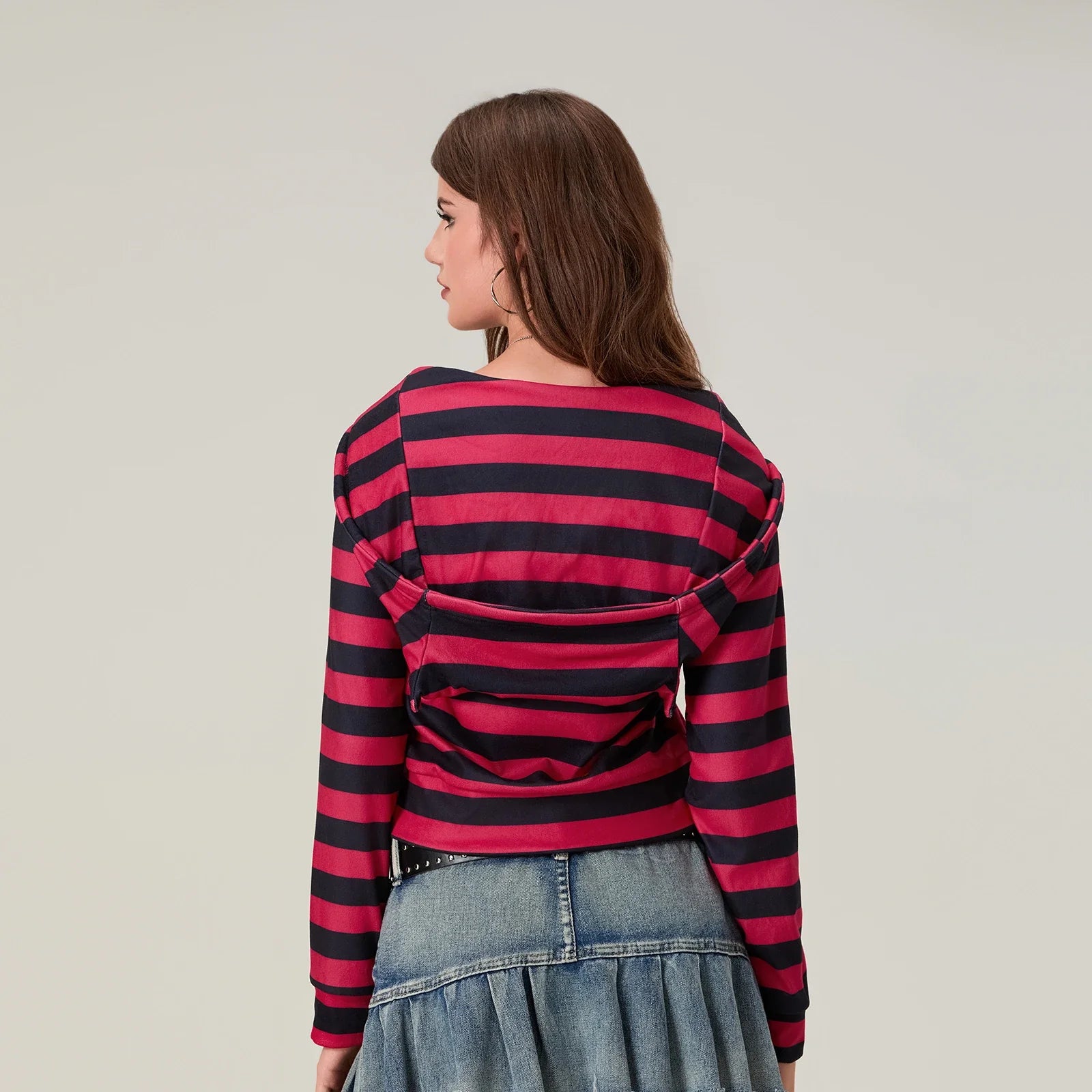 Striped Contrast Zip Cropped Hoodie