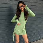 Crew Neck Thumbhole Cuff Side Drawstring Ruched Long Sleeve Mini Dress