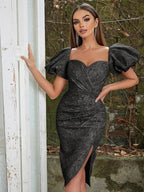 Eira Jacquard Fabric Midi Dress with Puff Sleeves