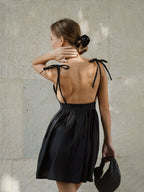 Tie Shoulder Bow Backless V-Neck Pleated Mini Dress
