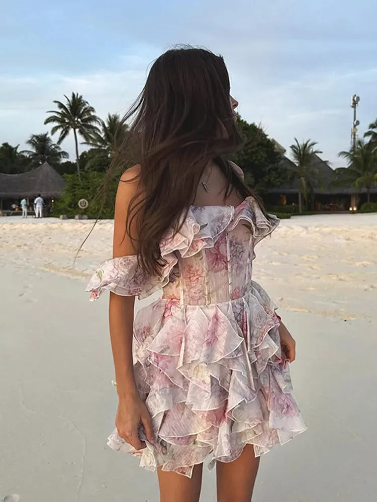 Floral Print Off Shoulder Tiered Ruffle Flounce Chiffon Mini Dress