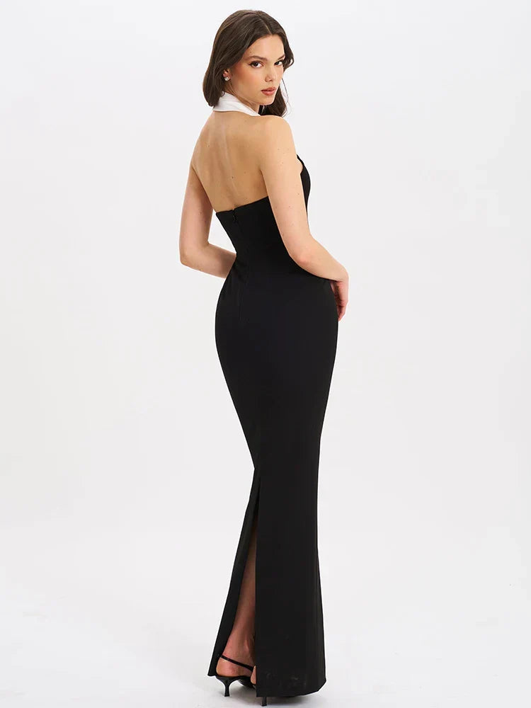 Color Block Notched Lapel Halter Deep V-Neck Maxi Dress