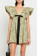 Floral V Neck Puff Sleeve Mini Dress
