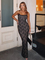 Floral Lace Spaghetti Strap Scalloped Neck Partial Lined Bodycon Maxi Dress