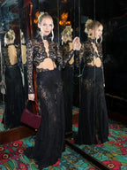 Hollow Out O-Neck Cut-Out Split Lace Dress