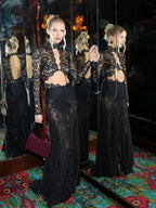 Mock Neck Long Sleeve Sheer Lace Chest and Midriff Cut Out High Split Maxi Gown