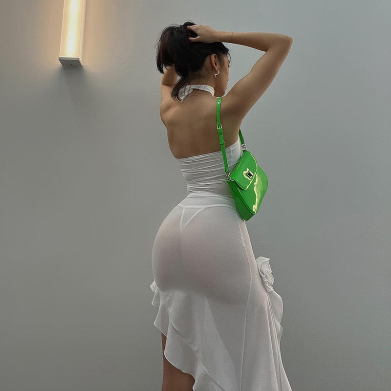 Sheer Halter Backless Ruffle Trim Asymmetric Hem Midi Dress