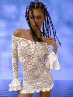Long Sleeve Streetwear White Lace Dress For Women Slash Neck Outfits See Through Fashions Vestidos Elegantes Para Mujer Ruffles