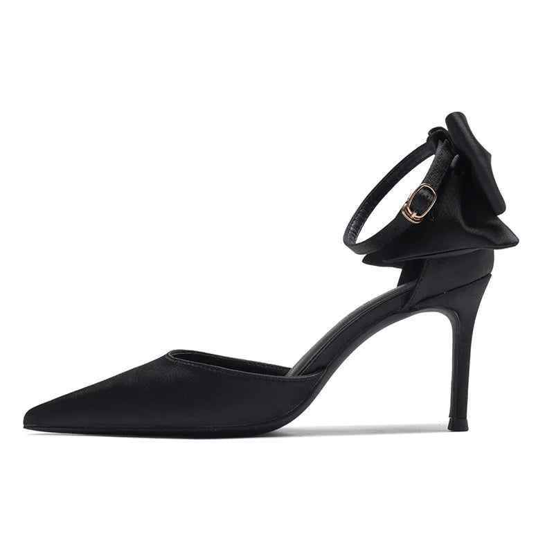 Satin Buckle Strap Bow Hollow Sandals with Stiletto Heel for Women