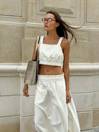 TAVIMART  -  Wolfeel Summer Cotton Linen Women's Suspender Half Skirt Set Chic Short Vest Casual Set Female Split Long Skirt Matching Sets
