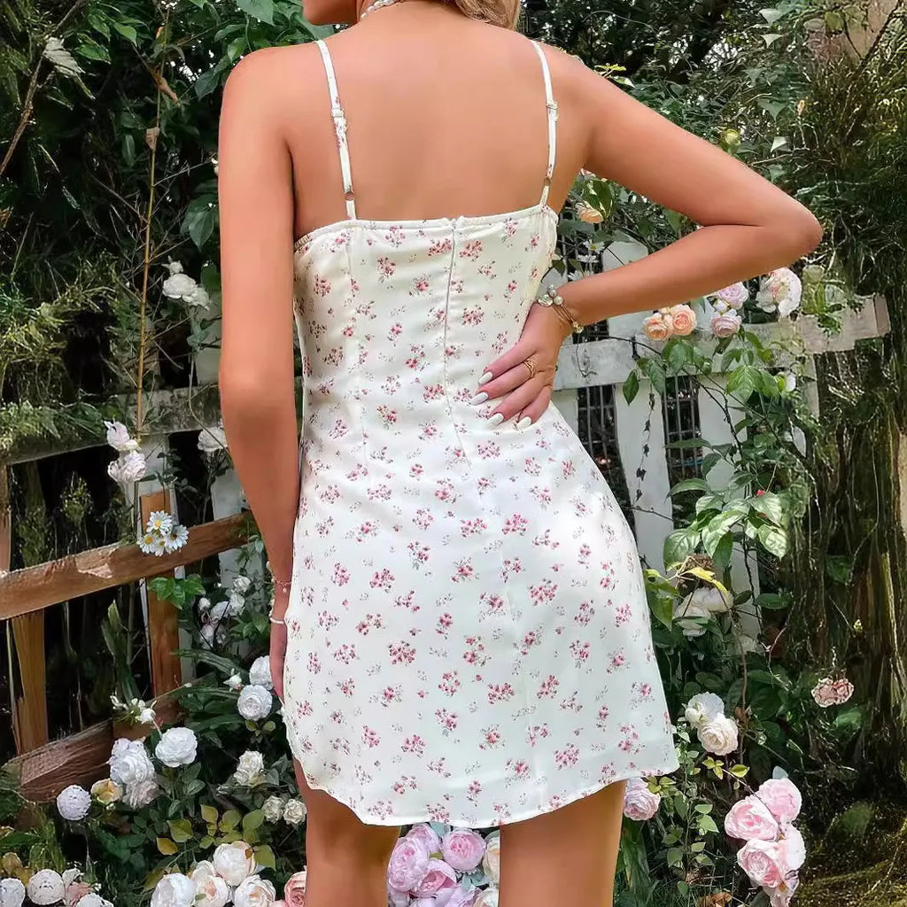 Lace Trim Tie Front Ruched Ditsy Floral Spaghetti Strap Mini Dress