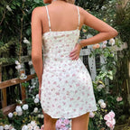 Lace Trim Tie Front Ruched Ditsy Floral Spaghetti Strap Mini Dress