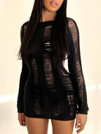Distressed Ladder Cut Out Long Sleeve Knit Bodycon Mini Dress