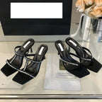 Crystal Square Clip Toe Thin Heel Flip Flops for Women