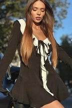 V Neck Long Sleeve Patchwork Mini Dress