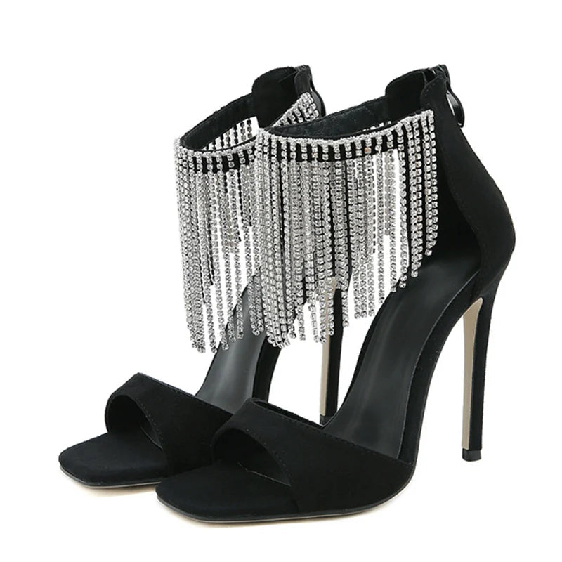 Crystal Rhinestone Tassel Ankle Strap Sandals for Women