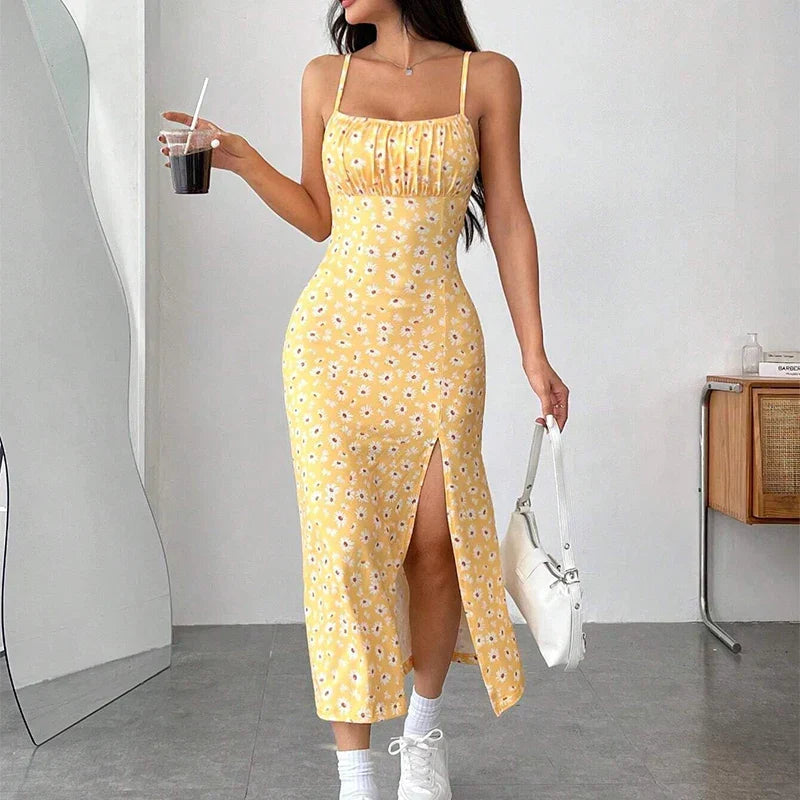 Daisy Print Square Neck Ruched Bust High Slit Midi Dress