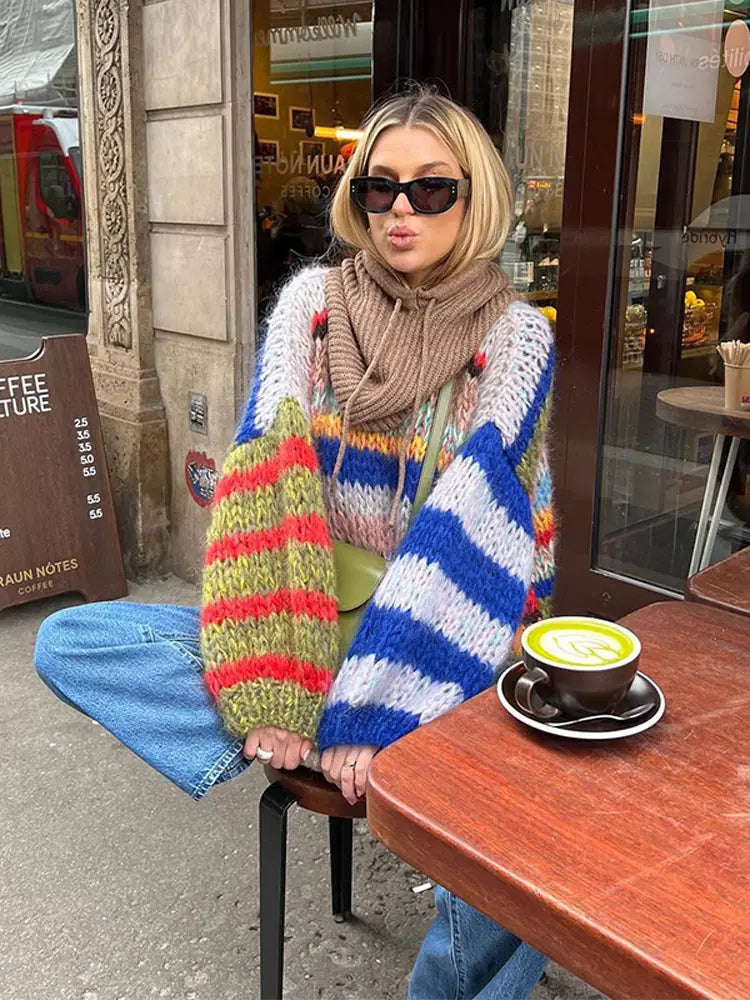 Casual Knitted Colorful Stripes Sweater Women Fashion O Neck Puff Long Sleeves Short Pullover Autumn Lady High Street Jumper