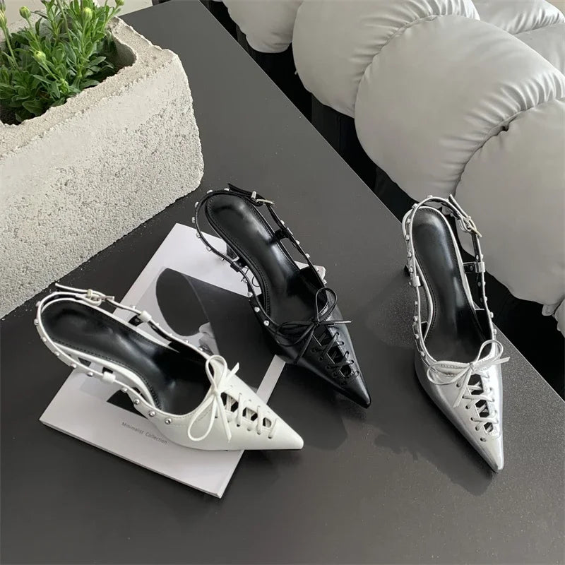 Rivets Buckle Strap Women Pumps with Thin Heels for Party or Stripping